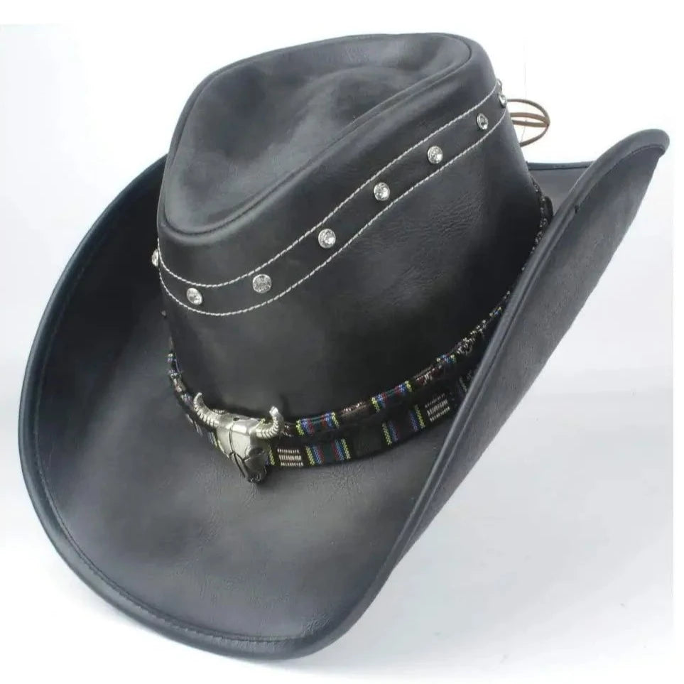 Chapeau En Cuir De Buffle Style Country - Look Robuste Et Authentique, Couleur Noire