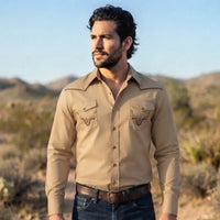 Beige Cowboy Shirt worn by a model. Western style, front view