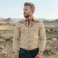 Beige Western Shirt worn by a model. Western style, front view