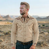 Beige Western Shirt worn by a model. Western style, front view