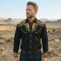 Black and Gold Western Shirt worn by a model. Western style, front view.
