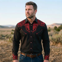Black and Red Cowboy Shirt worn by a model. Western style, front view