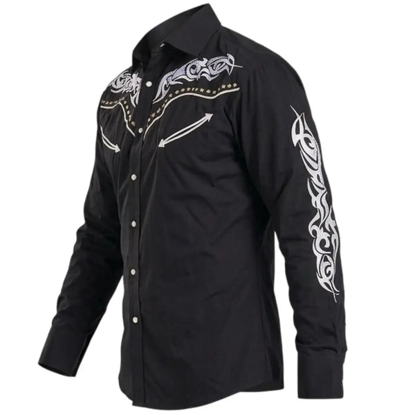 Black and White Cowboy Shirt with Embroidery on the Sleeves
