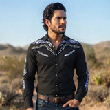 Black and White Cowboy Shirt worn by a model. Western style, front view