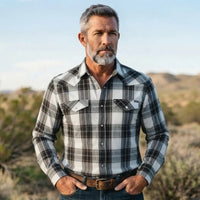 Black and White Western Shirt worn by a model. Western style, front view