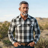 Black and White Western Shirt worn by a model. Western style, front view