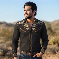 Black Country Western Shirt worn by a model. Western style, front view