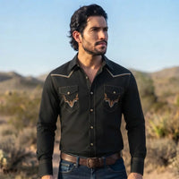Black Cowboy Shirt worn by a model. Western style, front view