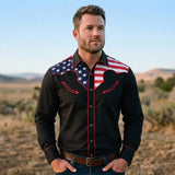 Black Patriotic Western Shirt worn by a model. Western style, front view
