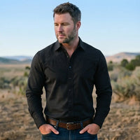 Black Western Shirt worn by a model. Western style, front view
