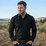 Black Western Shirt worn by a model. Western style, front view