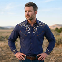 Blue Cowboy Shirt worn by a model. Western style, front view