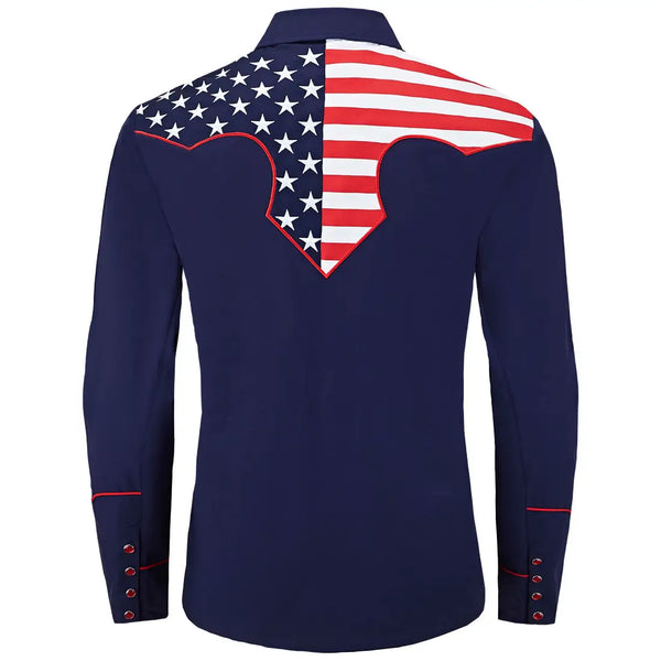 Blue Patriotic Western Shirt with US Flag