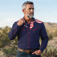 Blue Patriotic Western Shirt worn by a model. Western style, front view