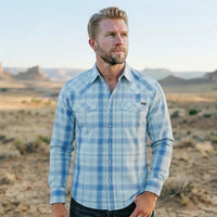 Blue Plaid Western Shirt worn by a model. Western style, front view