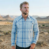 Blue Plaid Western Shirt worn by a model. Western style, front view