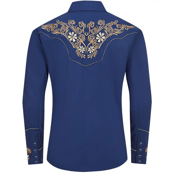 Blue Western Shirt with Floral Embroidery