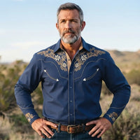 Blue Western Shirt worn by a model. Western style, front view