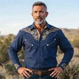 Blue Western Shirt worn by a model. Western style, front view