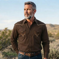 Brown Cowboy Shirt worn by a model. Western style, front view