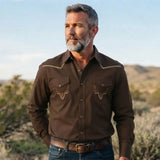 Brown Cowboy Shirt worn by a model. Western style, front view