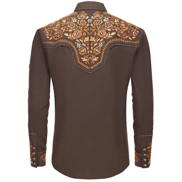 Brown Western Shirt with Orange Embroidery
