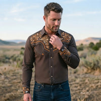 Brown Western Shirt worn by a model. Western style, front view