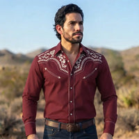 Burgundy Western Shirt worn by a model. Western style, front view