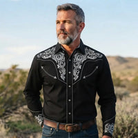 Black Embroidered Western Shirt worn by a model. Western style, front view
