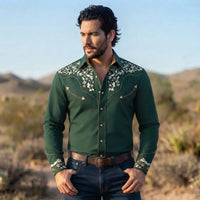 Green Western Shirt worn by a model. Western style, front view