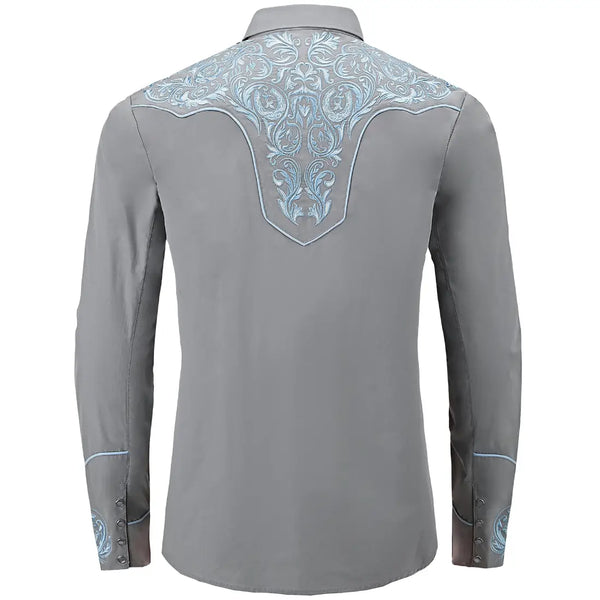 Grey Western Shirt with Blue Embroidery