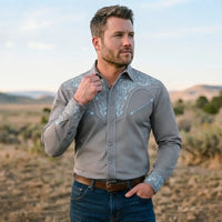 Grey Western Shirt worn by a model. Western style, front view