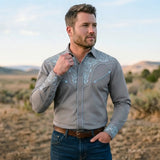 Grey Western Shirt worn by a model. Western style, front view