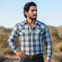 Long Sleeve Plaid Cowboy Shirt worn by a model. Western style, front view