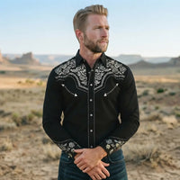 Long Sleeve Western Shirt worn by a model. Western style, front view