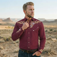 Maroon Western Shirt worn by a model. Western style, front view