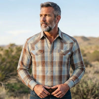 Men's Plaid Western Shirt worn by a model. Western style, front view