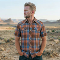 Men's Short Sleeve Western Shirt worn by a model. Western style, front view