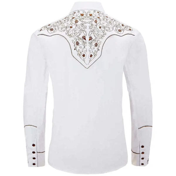 Men's White Western Shirt with Brown Embroidery