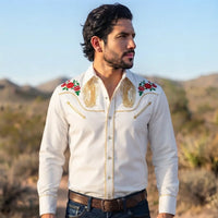 Mexican Cowboy Shirt worn by a model. Western style, front view