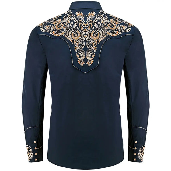 Navy Blue Western Shirt with Floral Embroidery