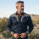 Navy Blue Western Shirt worn by a model. Western style, front view