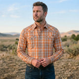 Orange Plaid Cowboy Shirt worn by a model. Western style, front view