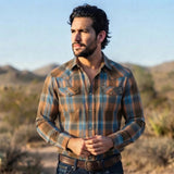 Plaid Cowboy Shirt worn by a model. Western style, front view
