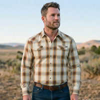 Plaid Western Shirt worn by a model. Western style, front view