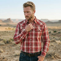 Red Western Shirt worn by a model. Western style, front view