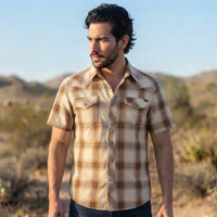 Short Sleeve Country Western Shirt worn by a model. Western style, front view