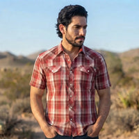 Short Sleeve Cowboy Shirt worn by a model. Western style, front view