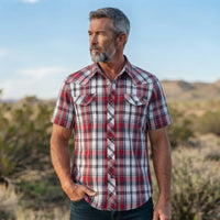 Short Sleeve Plaid Cowboy Shirt worn by a model. Western style, front view