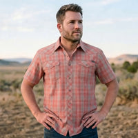 Short Sleeve Plaid Western Shirt worn by a model. Western style, front view